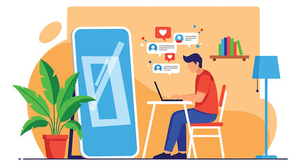 Vector art of a man working on a laptop with social media notifications in a modern room, showcasing the digital lifestyle