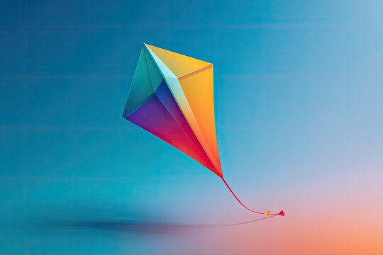 Colorful, geometric kite floats against a gradient blue and orange background - Powered by Adobe