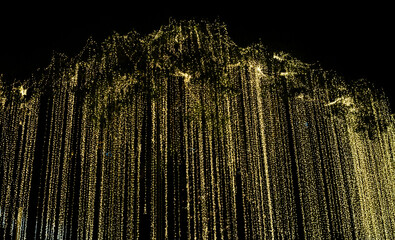 Golden string light curtain night backdrop, festive illumination cascade, glowing strands, abstract bokeh sparkle, holiday decoration magic