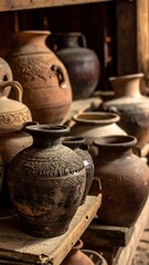 Pottery collection on wooden shelves