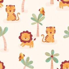 Cute lions, tigers, and parrots playing among tropical palms in a warm, cheerful jungle pattern