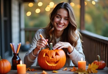Smiling young woman carving a pumpkin face on a wooden table at autumn terrace, surrounded by candles, markers, and colorful fall leaves. Ideal for Halloween ads, lifestyle blogs, festive marketing. 