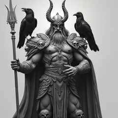 Obraz premium Illustration of Odin in horned helmet with ravens. God holds spear. Mythology themed image. Powerful nordic god of wisdom. Norse mythology concept. Fantasy illustration ideal for books articles about