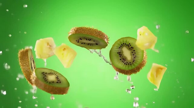 Kiwi and pineapple chunks splashing in water on green screen