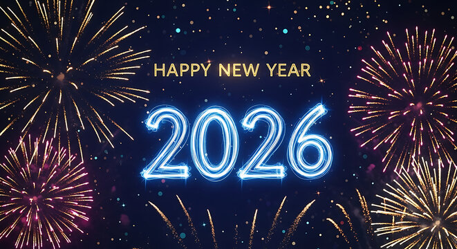 Happy New Year 2026 greeting with blue neon text and vibrant fireworks against a starry night sky. - Powered by Adobe