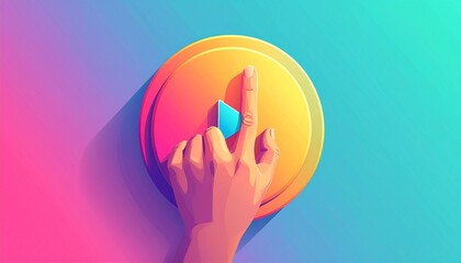 Vibrant graphic illustration of a human hand pressing a colorful play button, symbolizing interaction, start, and digital engagement