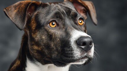 Close-up Portrait of Brindle Dog with Striking Amber Eyes on Gray Background