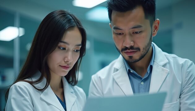 Two doctors in white coats review digital medical records on a laptop. They are analyzing data in a medical office during consultation. Teamwork and collaboration are key.