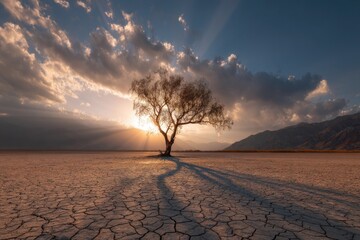 Desert landscape with a lone tree silhouetted against a setting sun, casting shadows