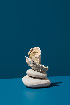 French oyster shell on stacked stones with blue background