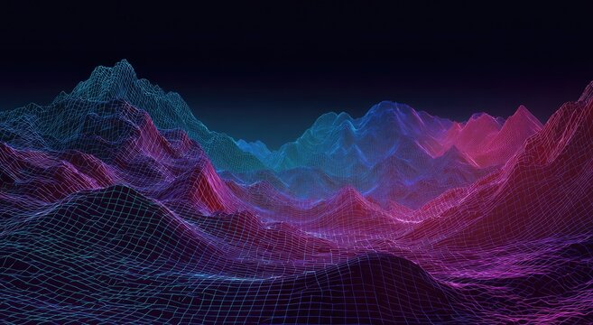 Colorful abstract wireframe landscape with hills and mountains against a dark gradient sky