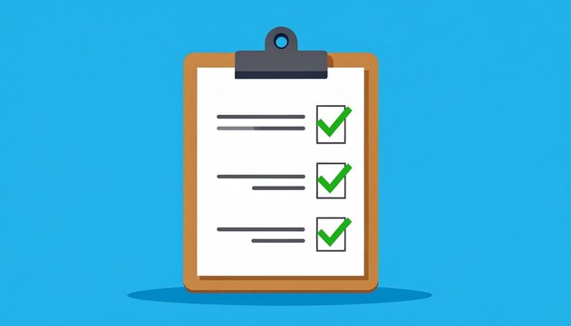 Checklist with completed tasks represented by green checkmarks on a clipboard, signifying accomplishment and progress on a vibrant blue background