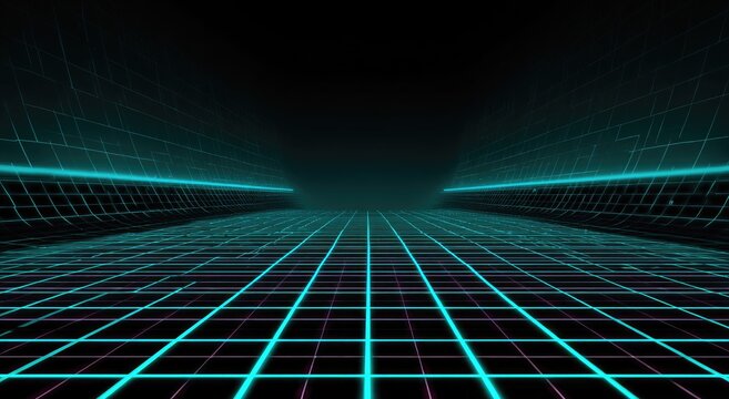 Abstract futuristic digital landscape with glowing blue and purple grid lines and vanishing point