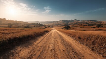 A long, dusty road stretching through a sunlit rural landscape of rolling hills