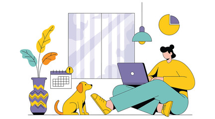 Illustration of a woman working on a laptop at home with a dog and plants