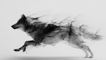 Black and white illustration depicts a wolf running, formed with smoky wisps, on a white backdrop