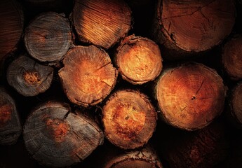 Close-up photograph featuring a pile of rough-cut wooden logs, showcasing details