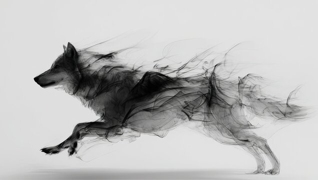 Black and white illustration depicts a wolf running, formed with smoky wisps, on a white backdrop