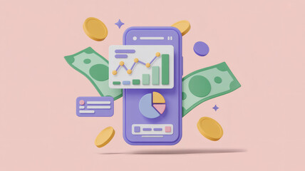 3D Render Mobile Phone Financial Dashboard App Charts Data Analysis Business Investment Banking Money Dollar Coins Economy Management Online Platform Technology Wealth Growth Profit Success