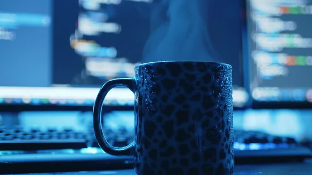 Close up of hot coffee mug with steam, computer screen with code in background, for programmer, developer, coding, technology concepts.
