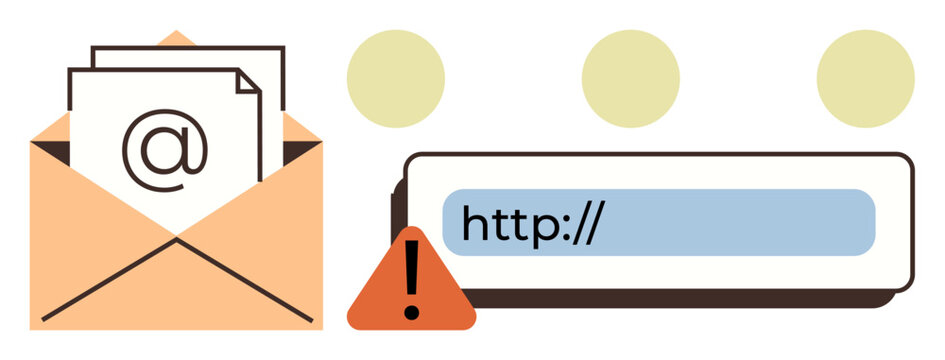 Open envelope with email icon, browser URL bar with warning triangle, and abstract dots. Ideal for cybersecurity, communication, warning system, online activity, scam prevention, technology simple