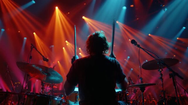 A drummer plays live, illuminated by stage lights, view from the back