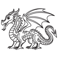 Fototapeta premium Cartoon mythical dragon black and white coloring book isolated on white background