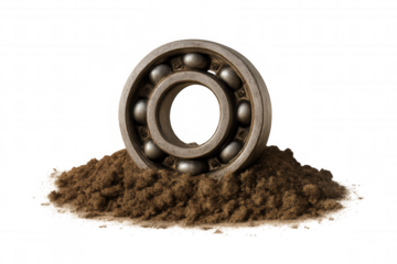 Ball bearing partly buried in dry soil, showing industrial machinery component degradation, transparent background
