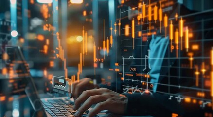 Financial analysis: The scene is about finance. A skilled individual, deeply focused, is absorbed in the process of financial data analysis, with complex charts overlaid, a symbol of modern finance. - Powered by Adobe
