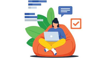 Vector art of a woman sits comfortably in a beanbag chair, engrossed in her laptop, surrounded by symbols of productivity and organization, illustrating the modern workfromhome setup