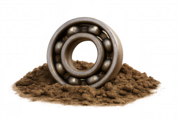 Worn ball bearing on sand pile representing failure, wear, and mechanical friction, transparent background