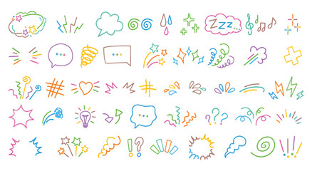 Manga. Comic. Effect. A colorful hand drawn vector doodle set of Japanese comic and anime effects for an action graphic, a social media sticker, or a cute and fun design element pack. © ARTIST LAB