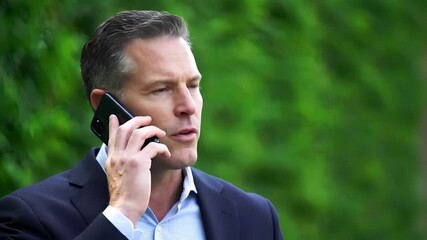 Man in suit talking on phone with green background outdoors view - Powered by Adobe