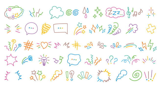 Manga. Comic. Effect. A colorful hand drawn vector doodle set of Japanese comic and anime effects for an action graphic, a social media sticker, or a cute and fun design element pack.
