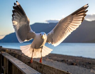A seagull with outstretched wings is about to land on a wooden railing, with a scenic backdrop of a tranquil lake and mountains