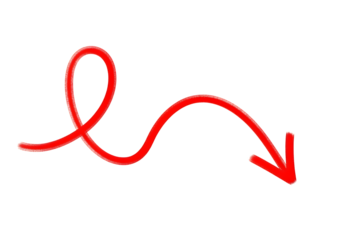 A bright red neon arrow with a swirling curved line pointing downwards isolated on transparent background