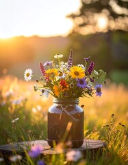Colorful wildflowers in a glass jar, bathed in warm sunset light