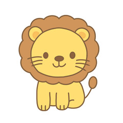Cute kawaii lion sitting with smile, cartoon animal illustration for kids and nursery design