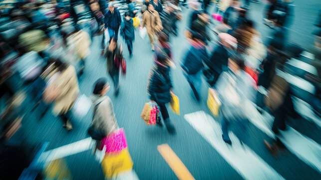 Multitud cruza intersecci&oacute;n con paso peatonal, edificios altos y fondo borroso que sugiere movimiento constante.Cruce urbano con flujo peatonal intenso, reflejando ritmo moderno, diversidad humana.