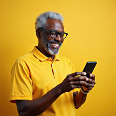 Naklejka na ściany i meble Mature black man uses mobile phone. Senior adult reads news on cellphone. Grandfather smiles checking social media on smartphone. Happy old male holds device. Wireless communication online on yellow Naklejka na ściany i meble Mature black man uses mobile phone. Senior adult reads news on cellphone. Grandfather smiles checking social media on smartphone. Happy old male holds device. Wireless communication online on yellow
