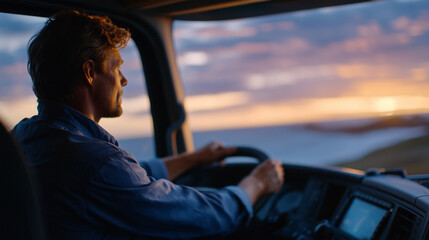 Inside cabin of a moving truck at dawn, tired driver blinking rapidly to stay awake, soft sunlight starting to filter in, serene yet dangerous atmosphere, quiet tension in muted co