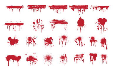 Collection of realistic red blood splatters and drips isolated on transparent background