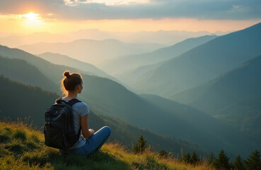 Sporty woman with backpack sits on mountaintop enjoys mountain range at sunset. Girl relax in grass looking at landscape. Female hiker meditating on mountain peak. Vacation travel for active
