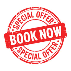 Red stamp with book now special offer text
