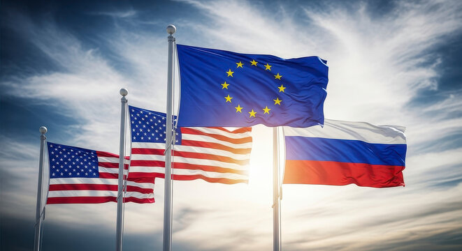 United States European Union and Russian Flags Waving Against Cloudy Sky
