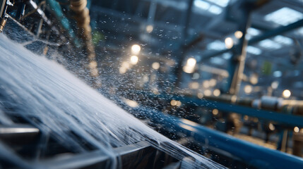 Sustainable textile manufacturing plant interior, machines spinning recycled fibers into new yarn, circular conveyor systems representing reuse and regeneration, soft light reflect