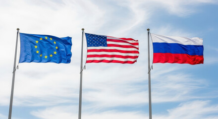 European Union United States and Russia Flags Waving Under Cloudy Sky