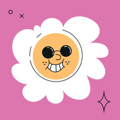 Daisy flower with cartoon funny smiling face in sunglasses. Cute chamomile happy emotion