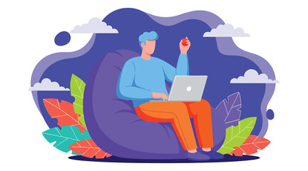 Vector art of a man is sitting in a beanbag chair with a laptop, holding a strawberry