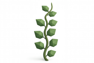Stylized low poly plant vine with green leaves growing upwards, environmental concept on transparent background